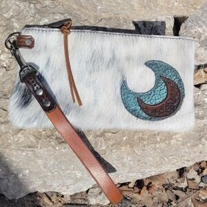 Handmade Crescent Moon Cowhide Wristlet Clutch With Card Wallet, Tooled Leather